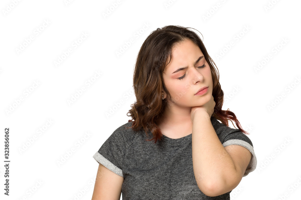 Young teen with neck ache on white background Young teen with neck ache on white background