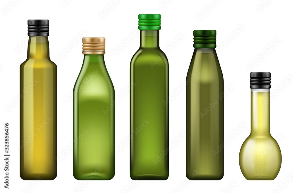 Oil bottle 3d vector templates of food or cooking ingredients design. Olive, sunflower and corn vegetable oil in green glass bottles with metal screw caps, advertising themes Oil bottle 3d vector templates of food or cooking ingredients design. Olive, sunflower and corn vegetable oil in green glass bottles with metal screw caps, advertising themes