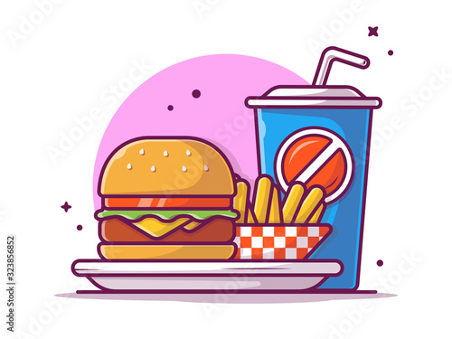 Tasty Combo Menu Cheese Burger on Plate with French Fries  and Soda Vector Icon Illustration. Flat Cartoon Style Suitable for Web Landing Page,  Banner, Flyer, Sticker, Wallpaper, Card, Background