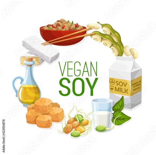 Soy and soya bean food vector frame of soybean, soy milk and oil, tofu, tempeh and meat, noodles and sprouted edamame with green leaves and pods. Vegetarian plant meal and vegan protein design