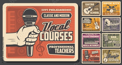 Music retro posters with musical instruments and microphones. Vector guitars, drums and saxophone, violin, musical notes and treble clef, vintage gramophone, synthesizers, banjo and djembe