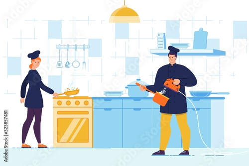 Man and Woman Chef Character with Tool Utensils on Kitchen Cooking Gourmet Meal, Frying and Mixing Ingredient. Food Preparation Process. Culinary Show or Training Course. Vector Illustration