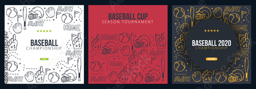Set of Baseball backgrounds with hand draw doodle elements. Template Design.