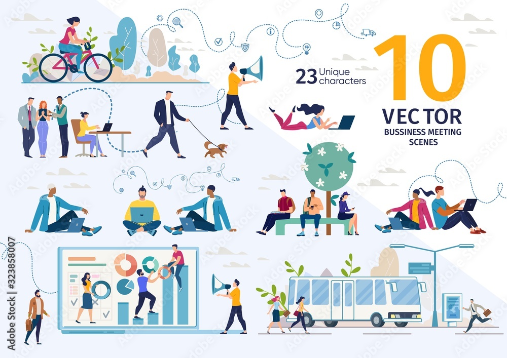 Fototapeta premium Company Employees, Freelancers, Online Entrepreneurs, Students Life Scenes and Work Situations, Planning Business Strategy, Office Routine, Distance Work Concepts Trendy Flat Vector Illustrations Set