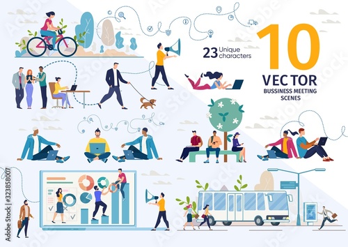 Company Employees, Freelancers, Online Entrepreneurs, Students Life Scenes and Work Situations, Planning Business Strategy, Office Routine, Distance Work Concepts Trendy Flat Vector Illustrations Set