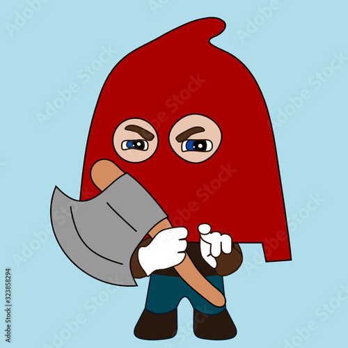 emoji with medieval executioner Jack Ketch wearing a hood and holding an axe, punisher or hangman cartoon character, simple colored emoticon, simplistic vector illustration