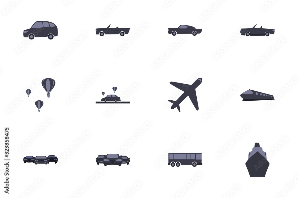 Isolated transportation vehicles fill style icon set vector design Isolated transportation vehicles fill style icon set vector design
