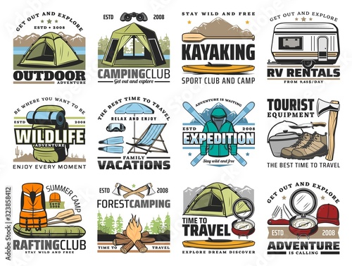 Camping, travel and outdoor adventure vector icons with tourist equipment. Camp tent, backpack and mountain skis, kayak boats, compass and campfire, hiking boots, rv trailer and rafting vest