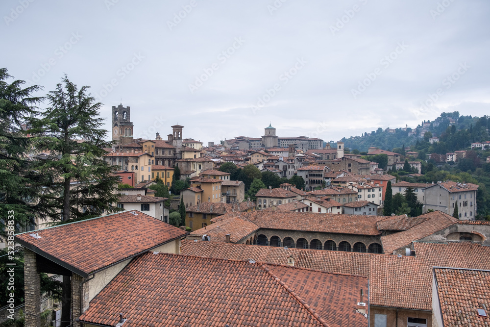 View on red tile roofs of Old Bergamo city