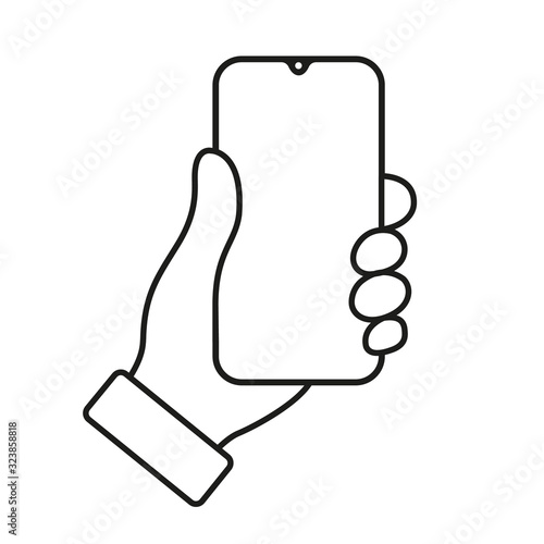 Smartphone hand icon with blank white screen. Realistic vector trendy frameless smart phone, cellphone isolated.