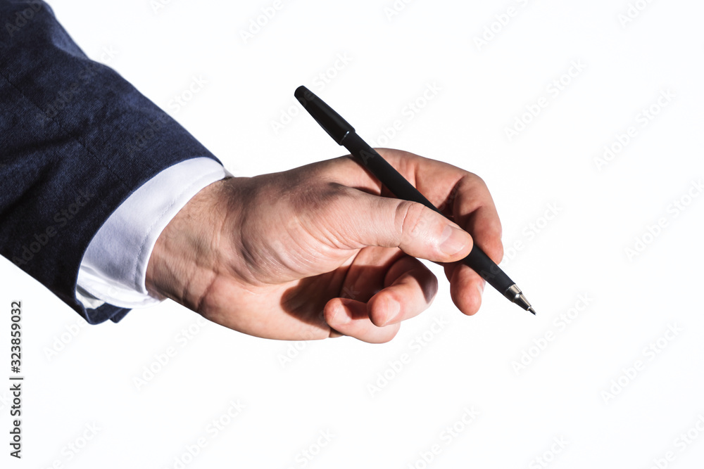 Businessman hand with pen isolated on white background, business and education concept. Close up Businessman hand with pen isolated on white background, business and education concept. Close up