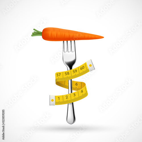 Fork with vegetable carrots and a measuring tape around.