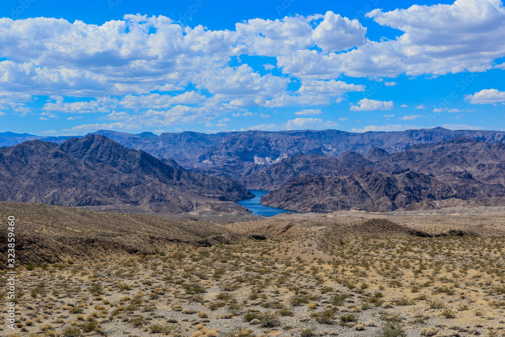 Lake Mead with the Rocks and Blue Sky Landscape, USA 