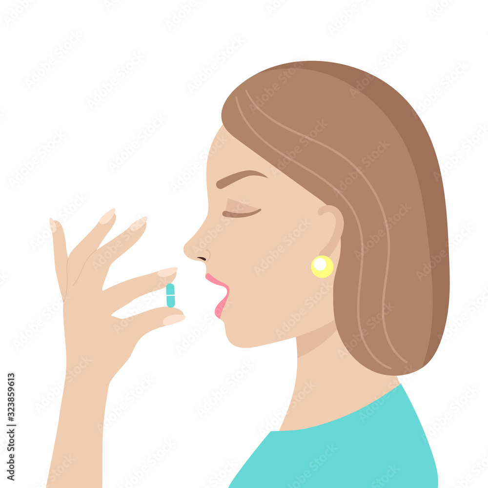 A young woman takes a pill.Medicine, vitamins, supplements.Antiviral agent, coronavirus, treatment of diseases, analgesic, pregnancy.Flat vector illustration on a white background A young woman takes a pill.Medicine, vitamins, supplements.Antiviral agent, coronavirus, treatment of diseases, analgesic, pregnancy.Flat vector illustration on a white background