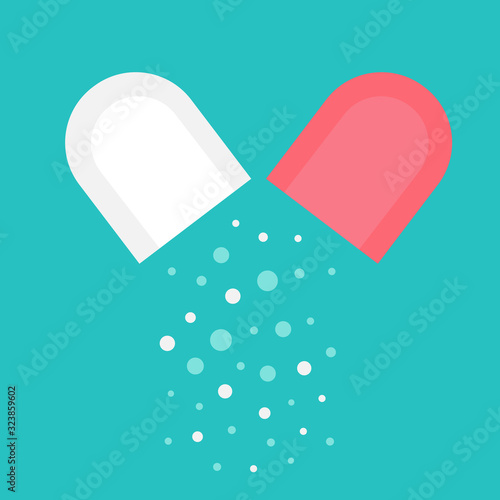 An open pill.Internal contents of the capsule.Medical preparation, granules, loose.Medical concept.Flat vector illustration