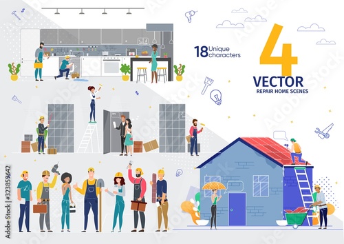 Home Repair, Apartment Renovation Professional Service Works Trendy Flat Vector Scenes Set. Female, Male Workers, Contractors in Uniform Characters Repairing House Roof, Piles in Kitchen Illustrations