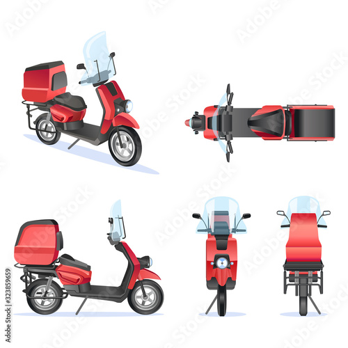 Motorbike 3d vector template for moped, motorbike branding and advertising. Isolated motorbike set on white background. View from side, front, back, top.