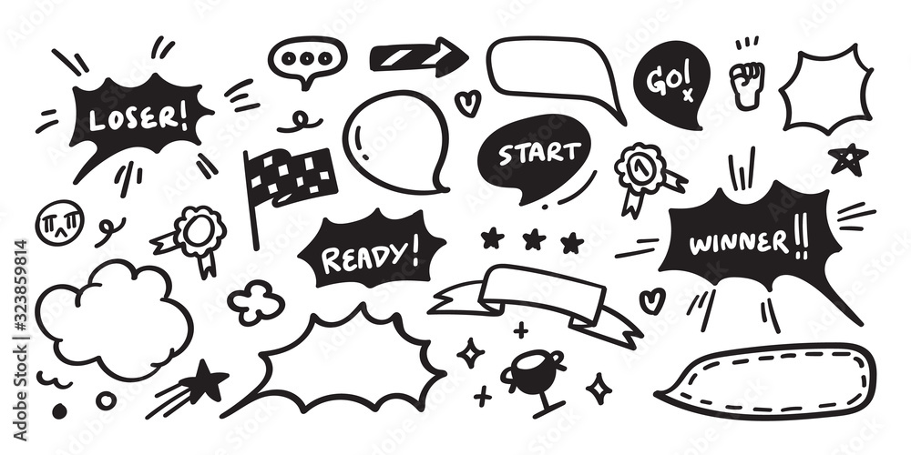 Hand drawn set of speech bubbles with dialog words:yes, hello, no, love you, ok, Vector illustration. Hand drawn set of speech bubbles with dialog words:yes, hello, no, love you, ok, Vector illustration.