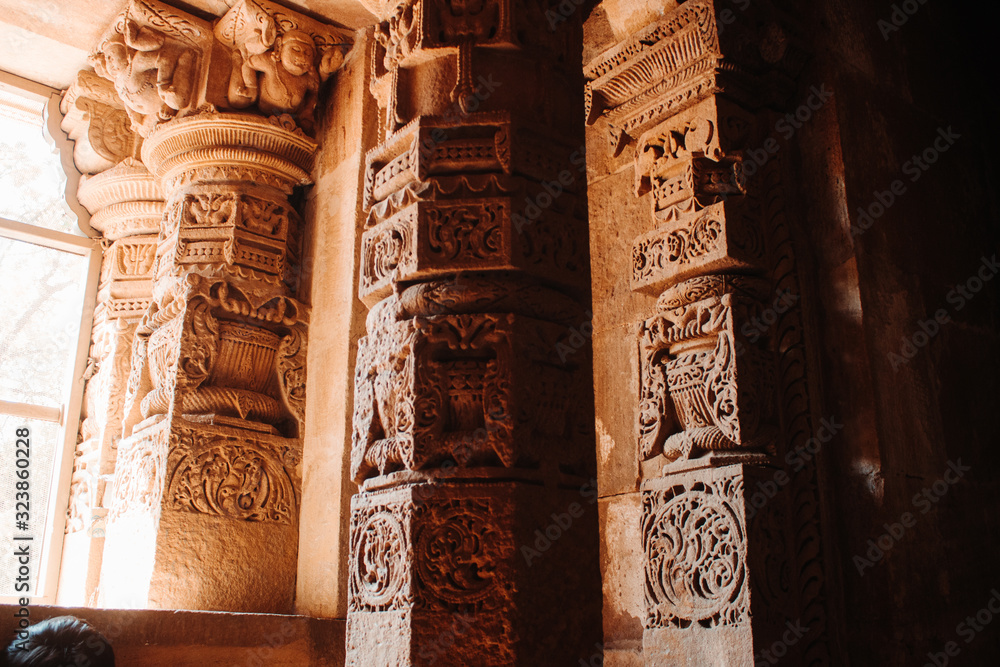 Closeup shot of the carved pillars of the Sun Temple in Modhera, Gujarat, India