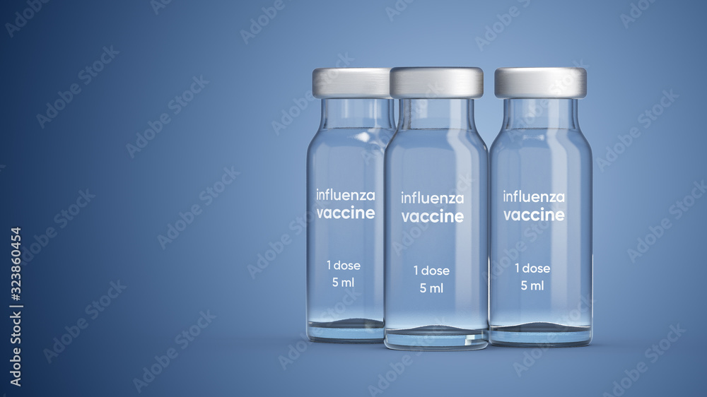 3D illustration of medical ampoules with influenza vaccine 3D illustration of medical ampoules with influenza vaccine