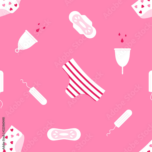 Female hygiene products, tampons, pantyliners and menstrual cups and panties vector seamless pattern background.