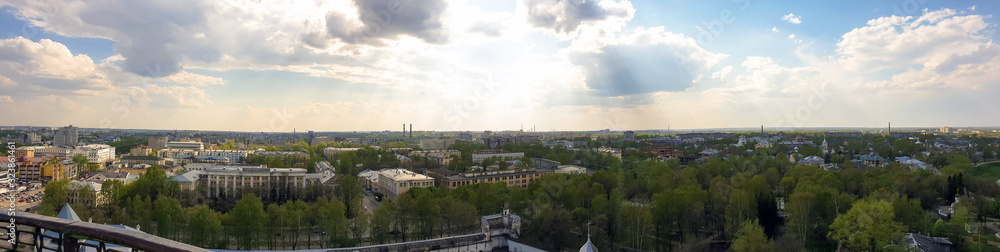 Vologda river, panorama; a historical and modern part of the city. Spring. Sunny day.