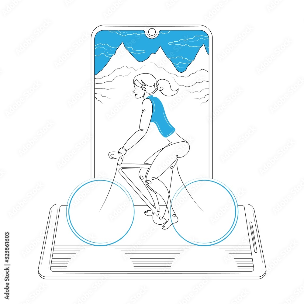 Girl rides a bicycle on a background of mountains on the tablet screen.
