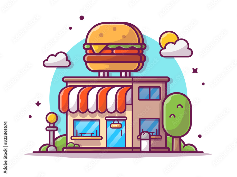 Burger Shop Fast Food Restaurant Building with Burger, Clouds and Tree  Vector Icon Illustration. Flat Cartoon Style Suitable for Web Landing Page,  Banner, Flyer, Sticker, Wallpaper, Card, Background Stock Vector | Adobe