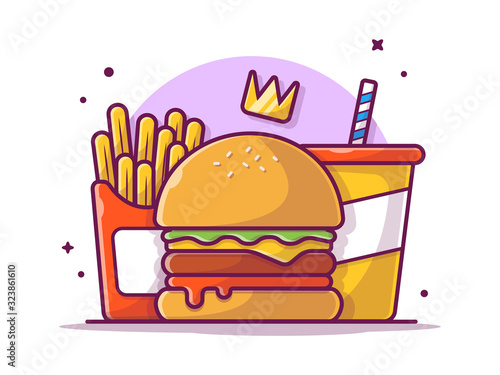 Tasty Combo Menu Cheese Burger with Crown, French Fries and Soda Vector Illustration. Flat Cartoon Style Suitable for Web Landing Page,  Banner, Flyer, Sticker, Wallpaper, Card, Background