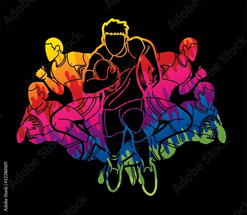 Group of Rugby players action cartoon sport graphic vector