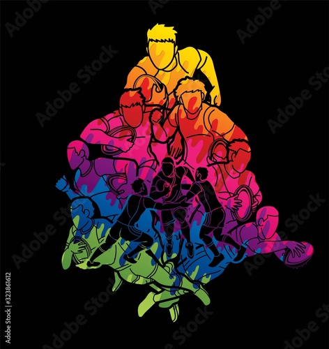 Group of Rugby players action cartoon sport graphic vector