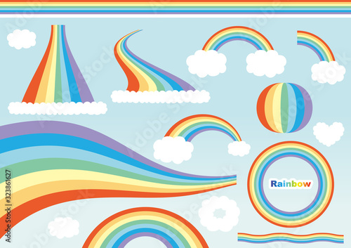 Rainbows in different shape with clouds on the sky. Vector Illustration
