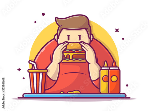 Happy Fat Man Holding and Eating Hamburger with Sauce, Mustard and Soda Vector Icon Illustration. Flat Cartoon Style Suitable for Web Landing Page, Banner, Flyer, Sticker, Wallpaper, Card, Background