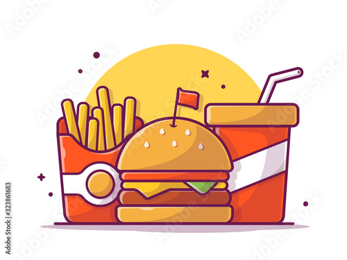 Tasty Combo Kid Meal Menu Cheese Burger with French Fries and Soda Vector Icon Illustration. Flat Cartoon Style Suitable for Web Landing Page,  Banner, Flyer, Sticker, Wallpaper, Card, Background