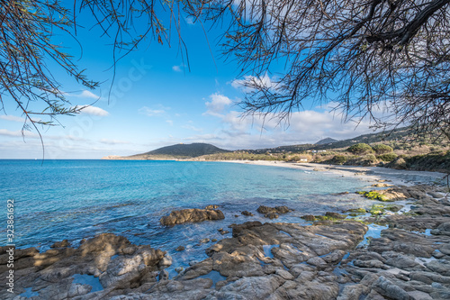 Rocky coastline of Ghjunchitu beach in Corsica