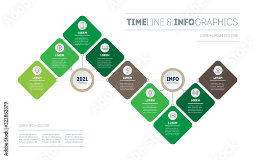 An unusual form for an infographic or presentation, an example of a company report with 9 cells for entering information. Horizontal timeline with nineteen parts.