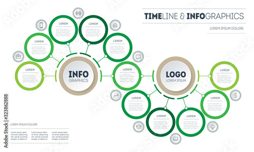 Infographic of green technology or education process with 11 parts. Development strategy. Horizontal eco Business presentation concept with eleven options. Template of info chart or diagram. Vector.