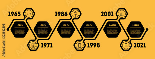Timeline or infographic with 6 sectors. Strategy development of company. Milestones of History. Vector template of time line.