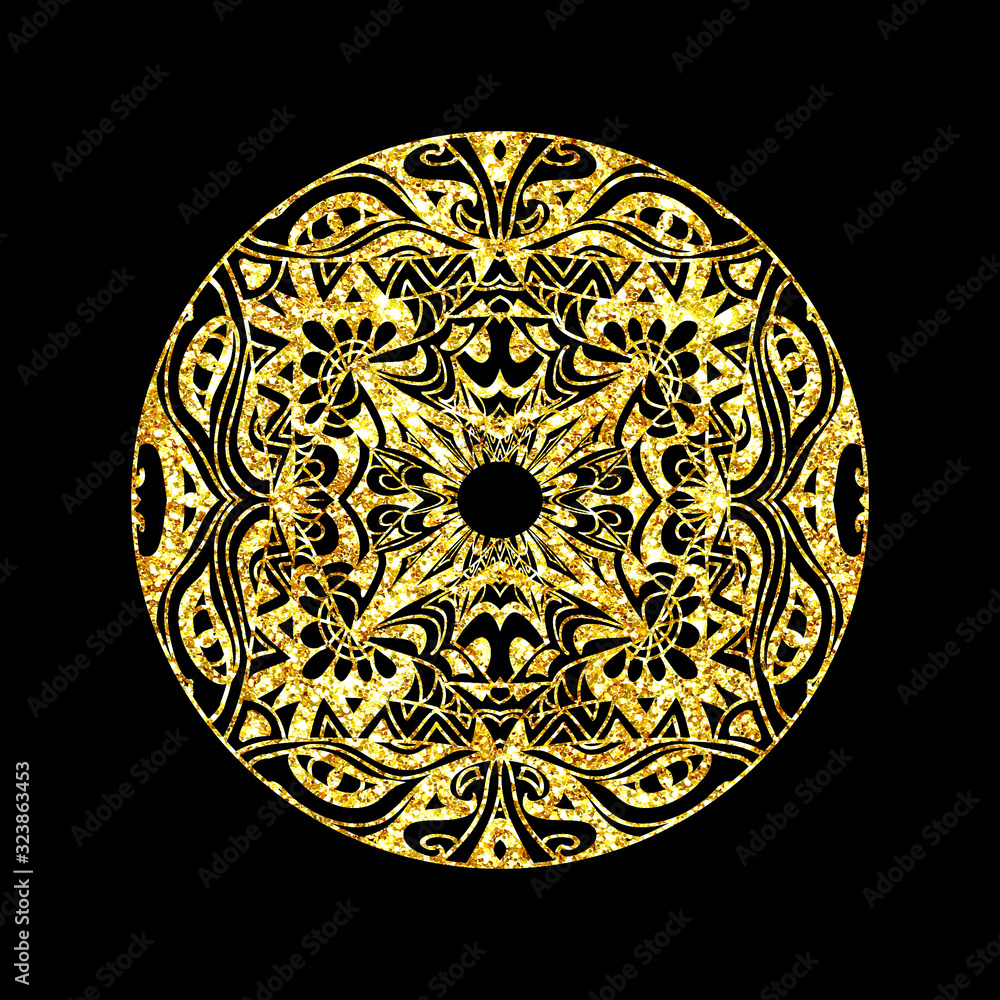 Glitter hand drawn artistic oval shaped mandala sparkling object isolated on black background Glitter hand drawn artistic oval shaped mandala sparkling object isolated on black background