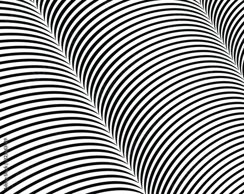 Abstract background with optical illusion wave. Black and white horizontal lines with wavy distortion effect for prints, web pages, template, posters, monochrome backgrounds and pattern