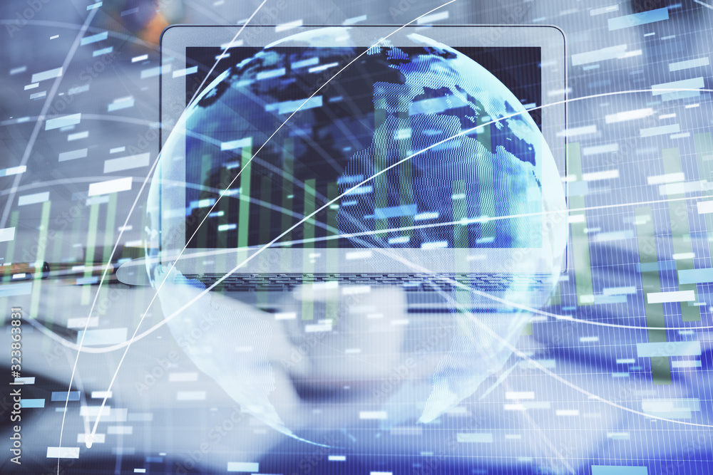Multi exposure of business theme icons and work space with computer background. Concept of success. Multi exposure of business theme icons and work space with computer background. Concept of success.