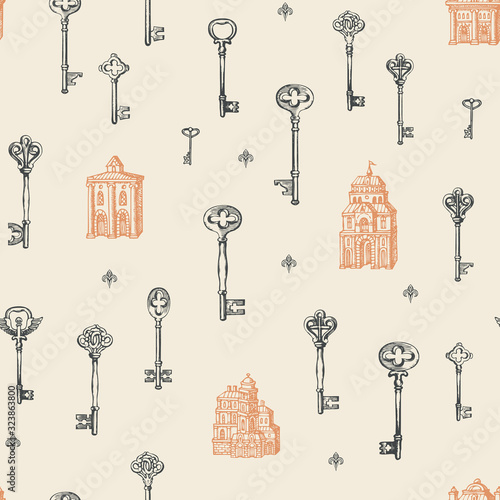 Vector seamless pattern with old buildings and vintage keys in retro style. Repeatable hand-drawn illustrations on the light background. Suitable for wallpaper, wrapping paper, fabric, textile