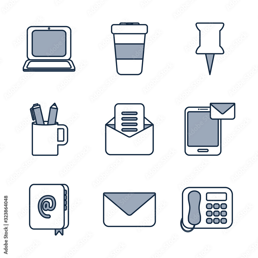 Isolated office half line half color style icon set vector design Isolated office half line half color style icon set vector design
