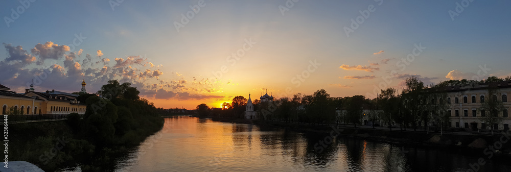 Vologda. Panorama. Warm spring evening. Vologda river. Sunset scene