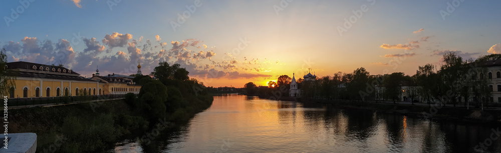Vologda. Panorama. Warm spring evening. Vologda river. Sunset scene