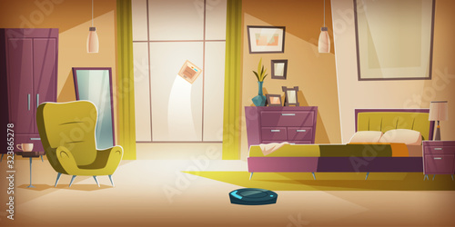 Automatic wireless vacuum and window cleaners working in bedroom with bed and furniture. Empty apartment interior with household technologies of future, home innovation Cartoon vector illustration