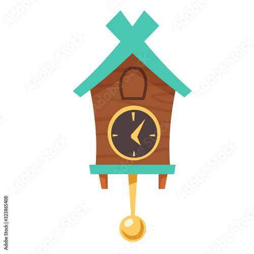 Old cuckoo clock. Vector cartoon illustration of wooden grandfather wall clock with gold pendulum and cabin for bird isolated on white background. Vintage watch with reminder