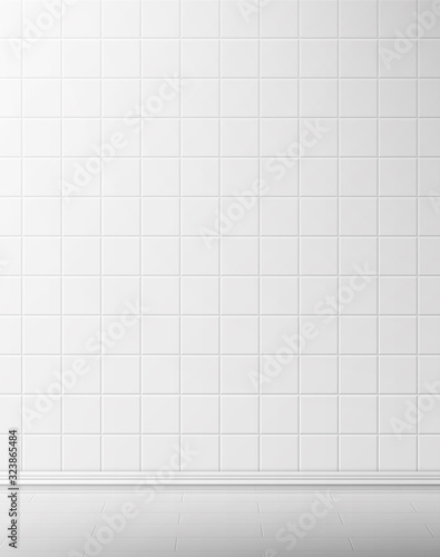 Vector white tile wall and floor in bathroom, kitchen or toilet. Realistic 3d interior of empty clean room with square mosaic surface. Illustration of ceramic tiled washroom