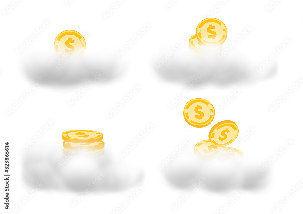 A set of gold medal coins above the clouds vectors isolated on white background to represents your business growth