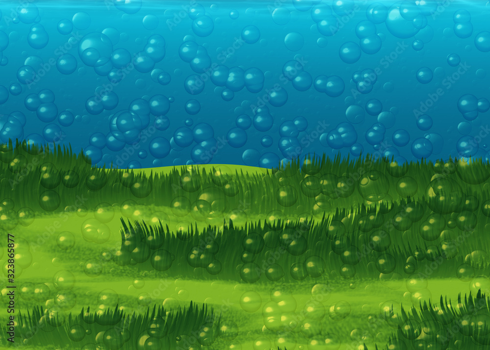 air bubbles on background of the sea floor with grass